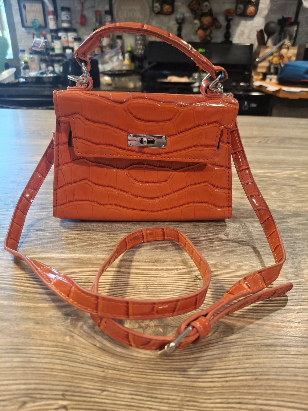 Patent Croc-Embossed Mini Top-Handle Bag in Orange - Unbranded